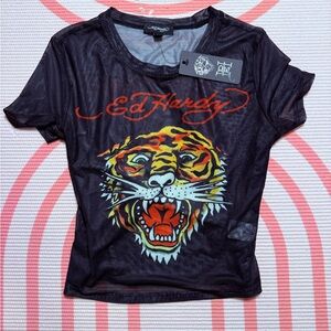 Ed Hardy Black Tee with Multicolor Tiger Graphic